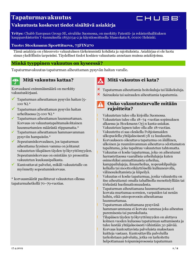 Stockmann Chubb Sporttiturva Esite sivu 1