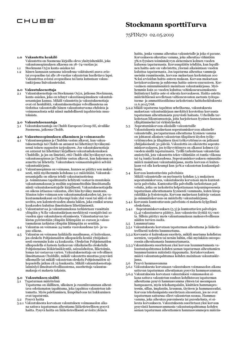 Stockmann Chubb Sporttiturva Ehdot sivu 1
